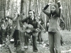 Second Jewish Song Festival. Performance of a trio: David Tokar with guitar and two twin sisters are singing and dancing. Moscow, Ovrazhki forest, Succot, 1979. Photo by Michael Kremen. co RS