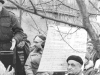 Yom HaShoa (Holocaust Remembrance Day) at the Vostriakovsky cemetery. From the left: Lev Ovsishcher (speaking), Boris Klotz, Yosef Begun, Alexander Lerner (in front of a poster), Yuli Kosharovsky (to the right of a poster). Moscow, April 1987. co RS